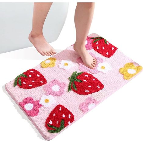 (Rose, 50x80cm)Tapis de Bain Antidérapant Absorbant Paillasson Lavable Tapis de Douche Fraise Floqué Tapis pour Chambre Salle de Bain Décor à la Maison (1/5)