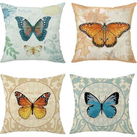 Housses de coussin style ferme 45x45 cm, lot de 4, printemps-été, en lin, motif fleurs, papillons et oiseaux. (1/5)