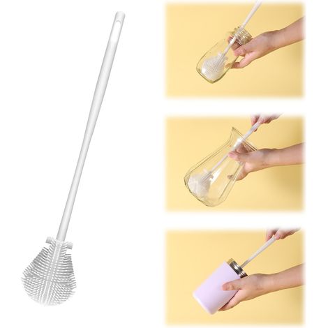 Brosse à recoins en 3 parties, goupillon, goupillon pour tasse, manche long, brosse douce, goupillon pour tasse à eau, blanche (1/5)