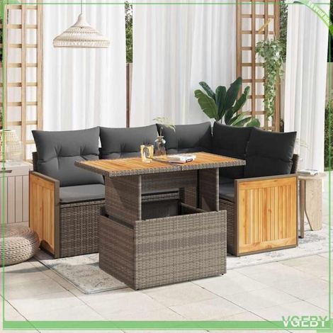 Salon de jardin 5 pcs - Modèle 3327707 - Résine tressée gris - Coussins déhoussables - Rangement sous assise étanche (1/5)