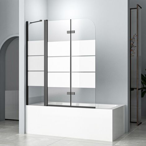 WDWRITTI Schwarz Duschwand für Badewanne 150x140 cm Badewannenaufsatz 3-teilig Duschtrennwand für Badewanne Duschwand Badewanne Faltwand Duschabtrennung Badewanne, 6mm ESG Glas mit Milchglas Streifen