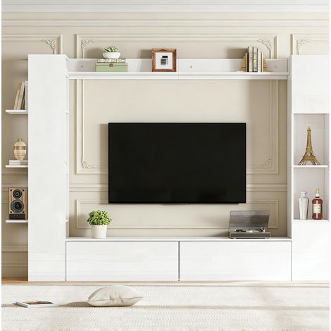 Parete attrezzata TV 245x30x170 cm bianco in pannelli di particelle con vetrina e ampio spazio contenitivo (1/5)