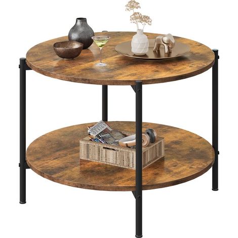 Table ronde en bois à deux niveaux, grand espace de rangement, design moderne pour le salon et la chambre, marron (1/5)