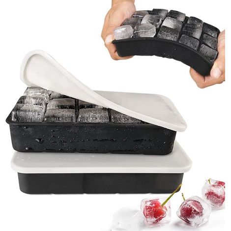 Bandeja de silicona para cubitos de hielo con tapa, 15 compartimentos, para cubitos de hielo cuadrados de 3 cm, color negro, 2 unidades (1/5)