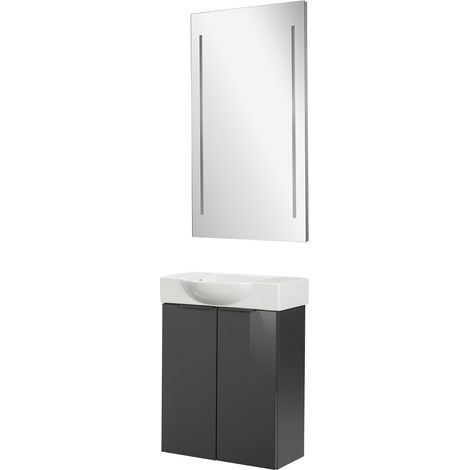 Fackelmann SBC LUNA Gäste WC Set 3-teilig 55 cm, Anthrazit, Keramik Hahnloch links + LED Spiegel"-"90271145 (1/3)