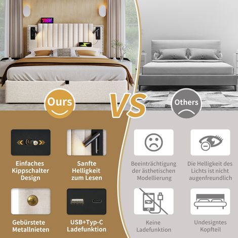 Lit capitonné 140x200 double avec espace de stockage intégré, coffre de lit, lampe de chevet avec port USB, tête de lit cloutée, sommier à lattes, housse en coton, teinte beige, sans matelas (1/5)