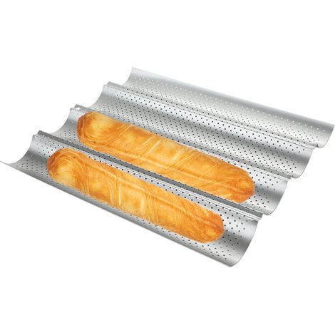 Lot de 2 moules à baguette antiadhésifs perforés 15" x 13" pour la cuisson du pain français, 4 pains ondulés, moule à pain, plaque de cuisson pour four/grille-pain (argenté) (1/5)