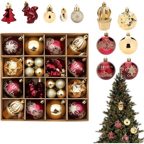 42 Weihnachtsdekorationen – darunter Kugeln in verschiedenen Ausführungen sowie bordeauxrote und goldene Plastikkugeln – geeignet für den Weihnachtsbaum – können am Baum aufgehängt oder als Innendekor (1/5)