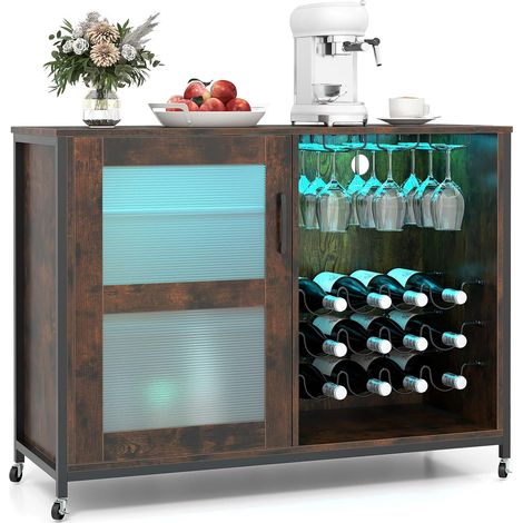 Costway – Meuble bar à vin industriel sur roulettes – Éclairage LED ajustable – Rangement pour 42 bouteilles et 15 verres – Étagères réglables en 3 positions (1/5)