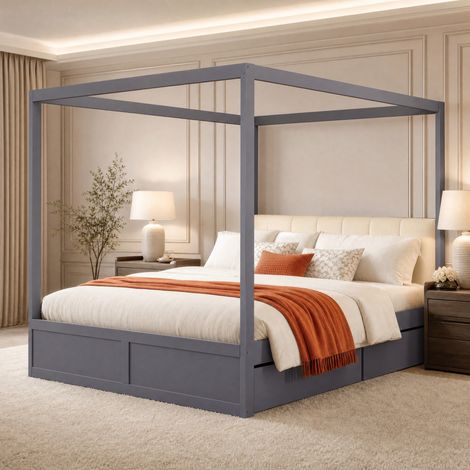 Cama infantil tipo cabaña 140x200 cm, 2 cajones, cabecero acolchado gris, sin colchón FloraGrace (1/5)