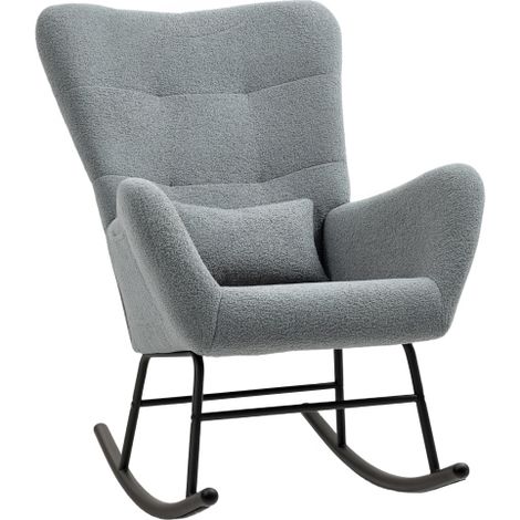 Fauteuil à bascule avec tissu aspect peluche, accoudoir et coussin lombaire, Gris (1/5)