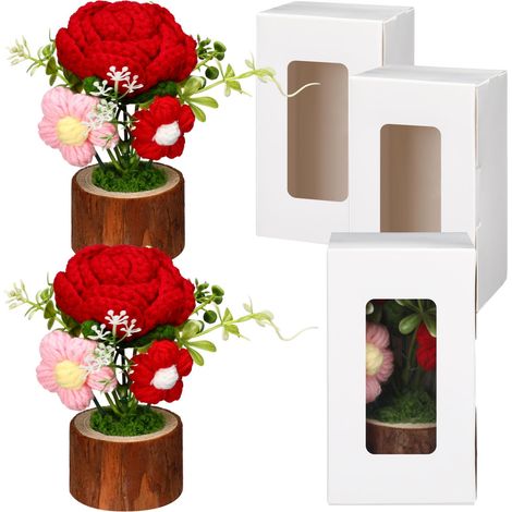 Fleurs artificielles en pot pour la fête des mères, bouquet de 2 roses crochetées à la main, décoration de table, cadeau de remerciement pour maman (1/5)