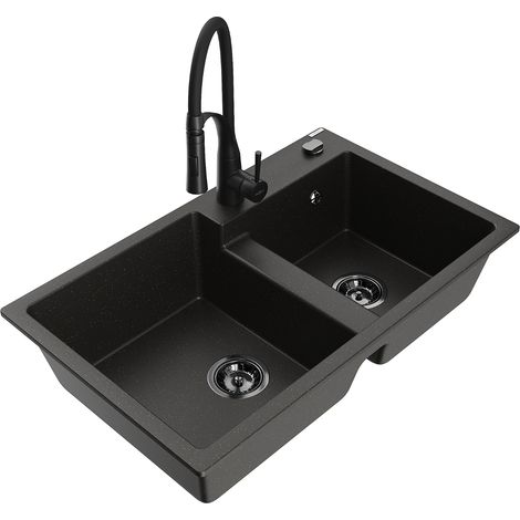 Mexen Tomas lavello in granito a 2 vasche con miscelatore da cucina Aster, nero/oro metallico - 6516-75-73450-70-B (1/5)