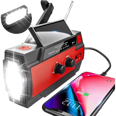 Radio solar portátil AM/FM con batería recargable de 4000 mAh y linterna LED roja. (1/5)