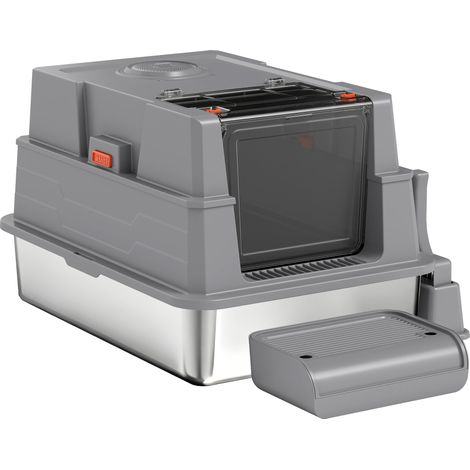 Bac à litière XXL en acier inoxydable 130 L - Couvercle à charnière 180°, bords hauts, pelle et marchepied inclus, 70 x 50 x 43 cm, gris (1/5)