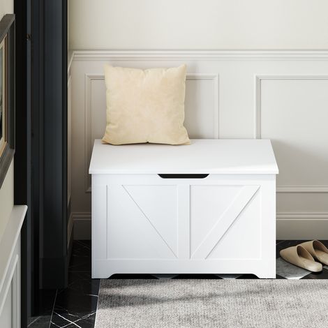 Banc de rangement de style maison de campagne, avec 2 charnières de sécurité, banc-coffre multifonction, étagère à chaussures, 80 x 40 x 46 cm, blanc (1/5)