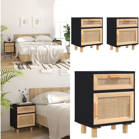 Tables de chevet 2 pcs Noir Bois de pin massif et rotin naturel - Table De Chevet - Meuble De Chambre - Mobilier Scandinave - Commode - Armoire D'appoint - Home & Living