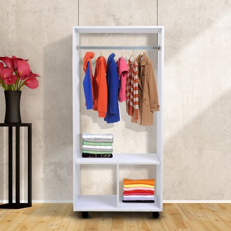 Armario con estantes, 2 nichos para colgar ropa, 4 ruedas giratorias, dimensiones: 60 cm de largo x 40 cm de ancho x 128 cm de alto, blanco. (1/5)