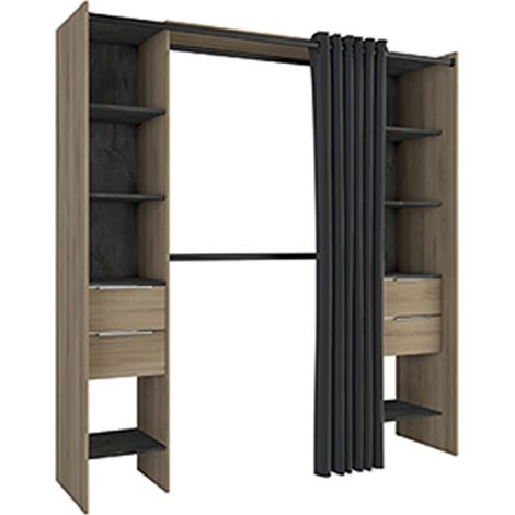 Pegane – Kit dressing extensible chêne kronberg/sidewalk – Rideau noir – Dimensions L115-190 x P50 x H203 cm – Panneaux de particules