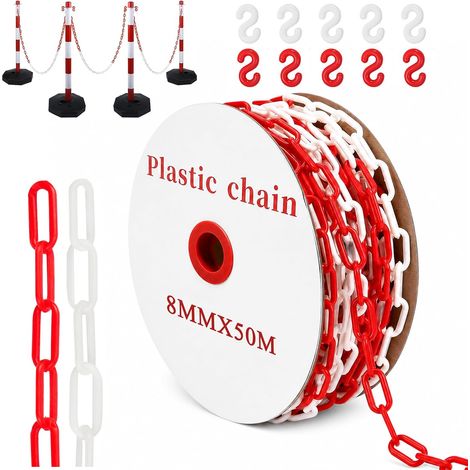 Chaîne de barrière en plastique rouge et blanc, 50 m, chaîne d'avertissement de 8 mm, chaîne en plastique (1/5)