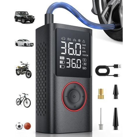 Gonfleur pneus voiture sans fil. compresseur à air portatif 150 psi avec arrêt automatique & lumière led. Pompe à vélo électrique pour voiture. moto. vélo. ballon (1/4)