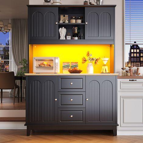 Meuble de rangement haut moderne 120x40x180 cm, armoire de salon avec éclairage LED pilotable par appli, 4 portes et 3 tiroirs, vitrine de cuisine à fonction lumière-musique et système anti-chute.