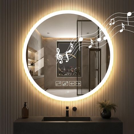 Rond Bluetooth Miroir Salle de Bain avec Eclairage 60cm, Anti-Buée, 3000K-4000K-6500K, réglable en 3 Couleurs, Interrupteur Tactile (1/5)