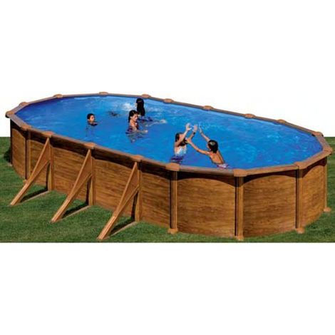 GRE – Piscine hors sol ovale imitation bois 610x375x132 cm – Acier galvanisé – Filtration à sable 6 m³/h – Volume 23281 litres (1/5)