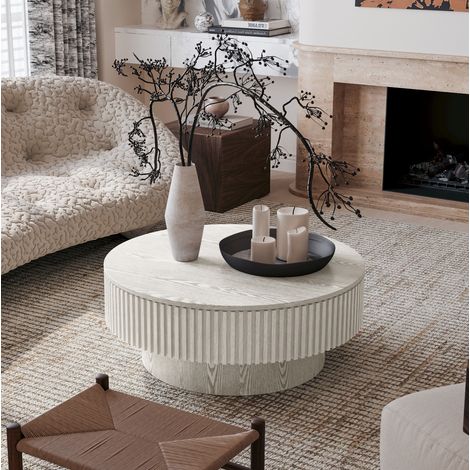 Runder Couchtisch 75 cm mit Stauraum aus MDF und Holz Retro White HAVRYA (1/5)