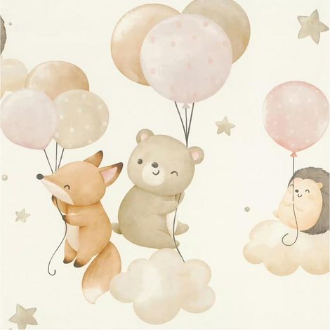 Animals Clouds Wallpaper Kids Nursery Bedroom Pink Balloons White Feature Wall (1/4)