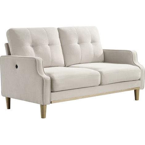 Canapé 2 places avec port USB et pieds en bois, canapé en tissu à coussin épais pour petit appartement (1/4)