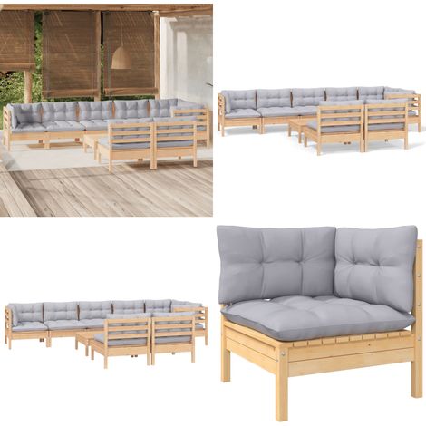 9-tlg. Garten-Lounge-Set mit Grauen Kissen Kiefer Massivholz - Garten-Lounge-Set -  Garten-Lounge-Sets - Home & Living (1/5)