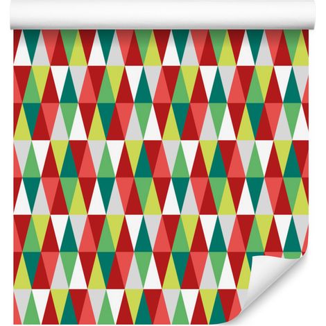 Papel pintado triangular rojo, coral y verde mar para salón y dormitorio, 50x1000 cm. (1/5)