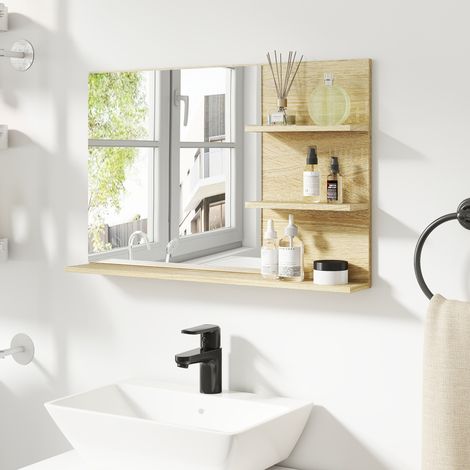 Étagère murale design bois et verre, 75x10x48 cm, couleur bois, avec 2 tablettes latérales et un socle inférieur (1/5)