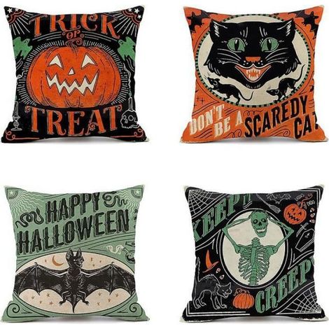 4 pices Halloween taie d'oreiller,orange et vert Halloween dcoration Jardin taie d'oreiller (coussins non inclus) (1/4)
