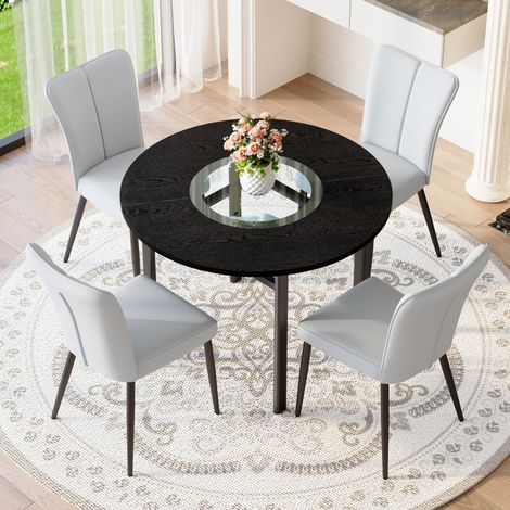 Conjunto de mesa redonda de 100 cm en MDF negro y sillas de PU gris para comedor – MEUBLIV (1/5)