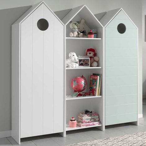 Ensemble 2 armoires enfant blanc & vert et 1 bibliothèque blanche bois laqué Camila