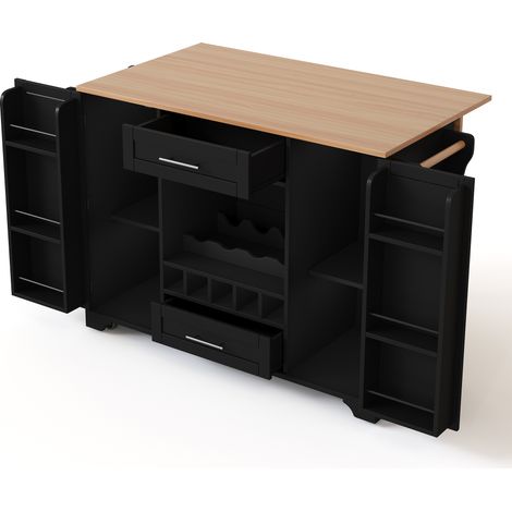 Chariot de cuisine avec plan de travail rabattable, îlot de cuisine sur roulettes avec casier à vin, porte-verres, range-épices et porte-serviettes, 120x45/70x92cm, noir – chariot de service multifonc (1/5)