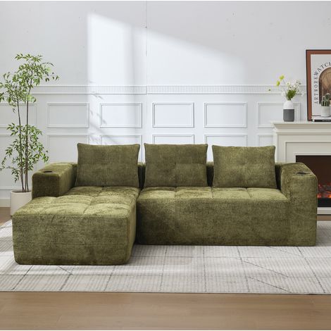 Canapé d’angle en chenille verte 258 cm, rembourré, 4 à 5 places avec porte-gobelets (1/5)