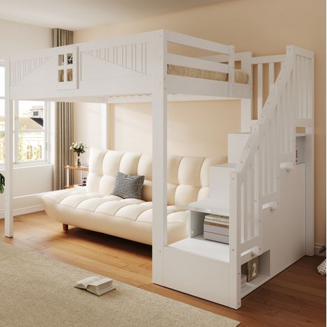 Litera alta 140 x 200 cm con escalera reversible y almacenaje, blanco/gris OKMYHOME (1/5)