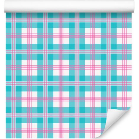 Papier peint à carreaux roses et bleus, céladon et rose poudré, 50 x 1000 cm (1/5)