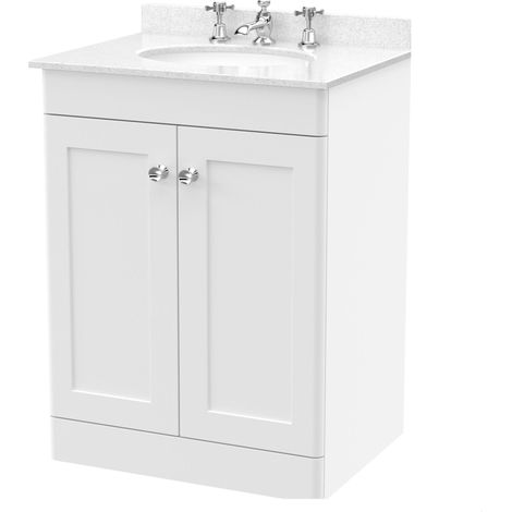Swynnerton Traditional 2 Door Floor Standing Vanity Unit with Marble Basin, Satin White, 600mm