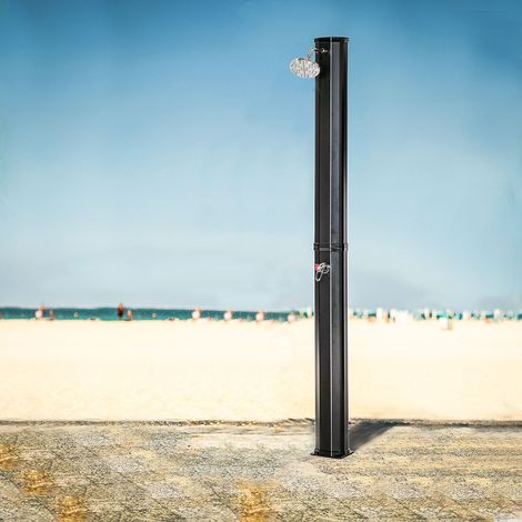 Ducha solar climatizada de 55° para uso exterior con depósito de 35 litros y grifo mezclador, color negro.