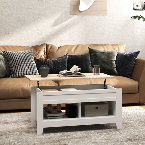 Table basse plateau relevable, 105 x 50 x 49-62,5 centimètres blanc, table de salon avec étagères et compartiment caché