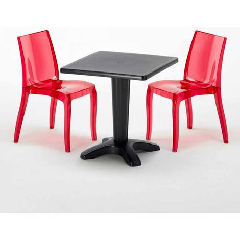 Mesa Cuadrada Negra 70x70 cm y Sillas De Colores Transparentes Cristal Light Balcony - Rojo Transparente