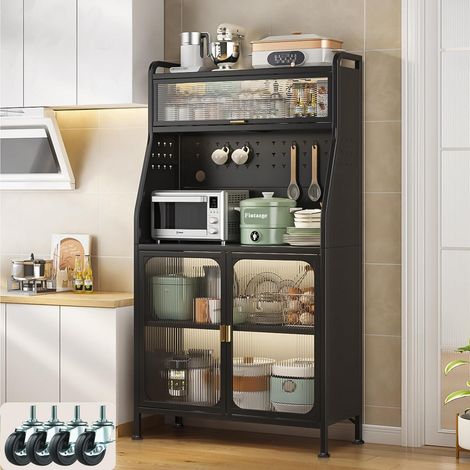 Küchenbuffet mit Arbeitsfläche, Vitrinenschrank, schwarz, 86x36x160cm (1/5)
