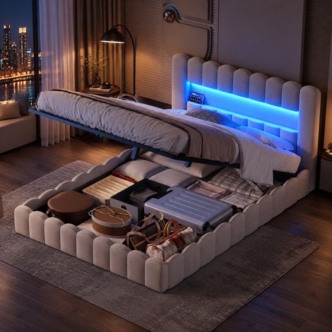 JOOKGBD-Polsterbett Bubble Bett 160x200 cm, Doppelbett mit Hydraulisch Stauraum, Stauraumbett mit USB und LED, Jugendbett mit bettkasten, Boxspringbett mit Lattenrost,Ohne Matratze,Beige