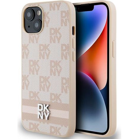 Custodia per iPhone 15 dkny in pelle a quadri monocromatica rosa (1/5)
