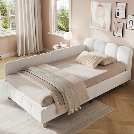 Cama infantil 90x200 cm de tela bouclé beige con barreras, estable, sin colchón – MEUBLIV (1/5)