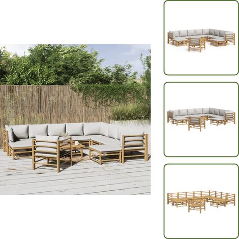 The Living Store Salon de jardin 12 pcs avec coussins gris clair bambou - Canapé de jardin (1/5)